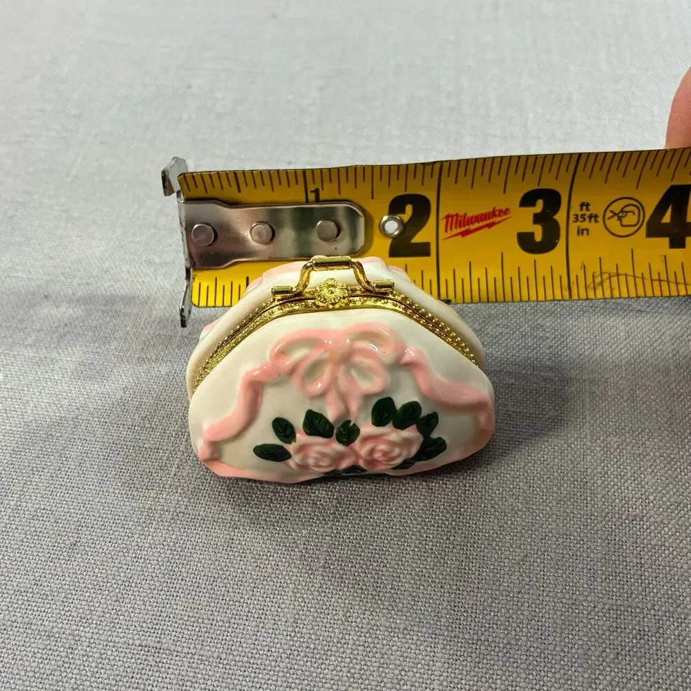 Vintage Porcelain Purse Trinket Box Pink Roses Bow Gold Tone Hinged Miniature